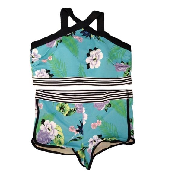 Cacique Teal Tropical Lined No Wire Halter Swim Top Plussize 18 - Picture 13 of 14